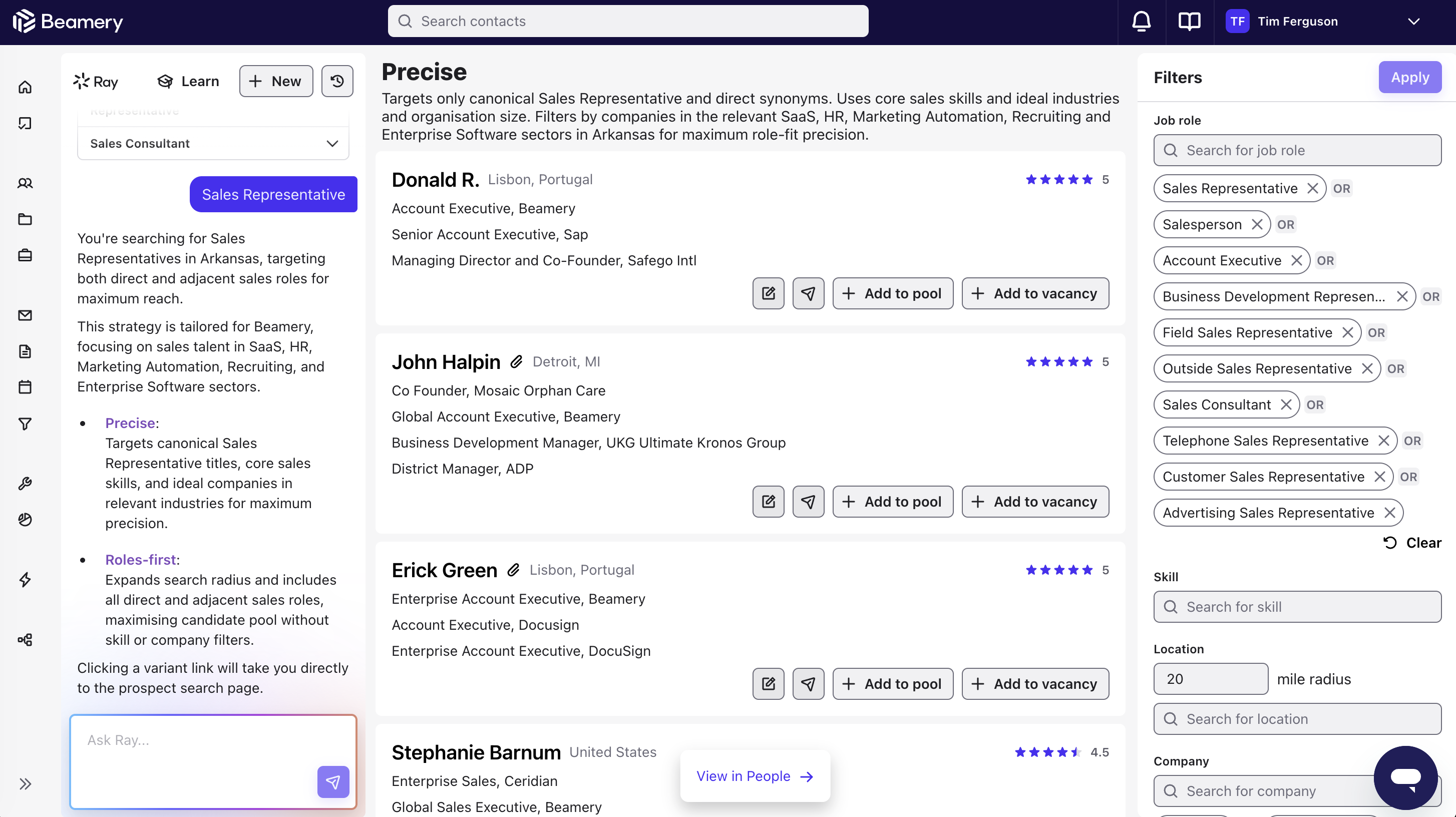 Ray search-strategy builder comparing Precise and Roles-first targeting for a Sales Representative vacancy
