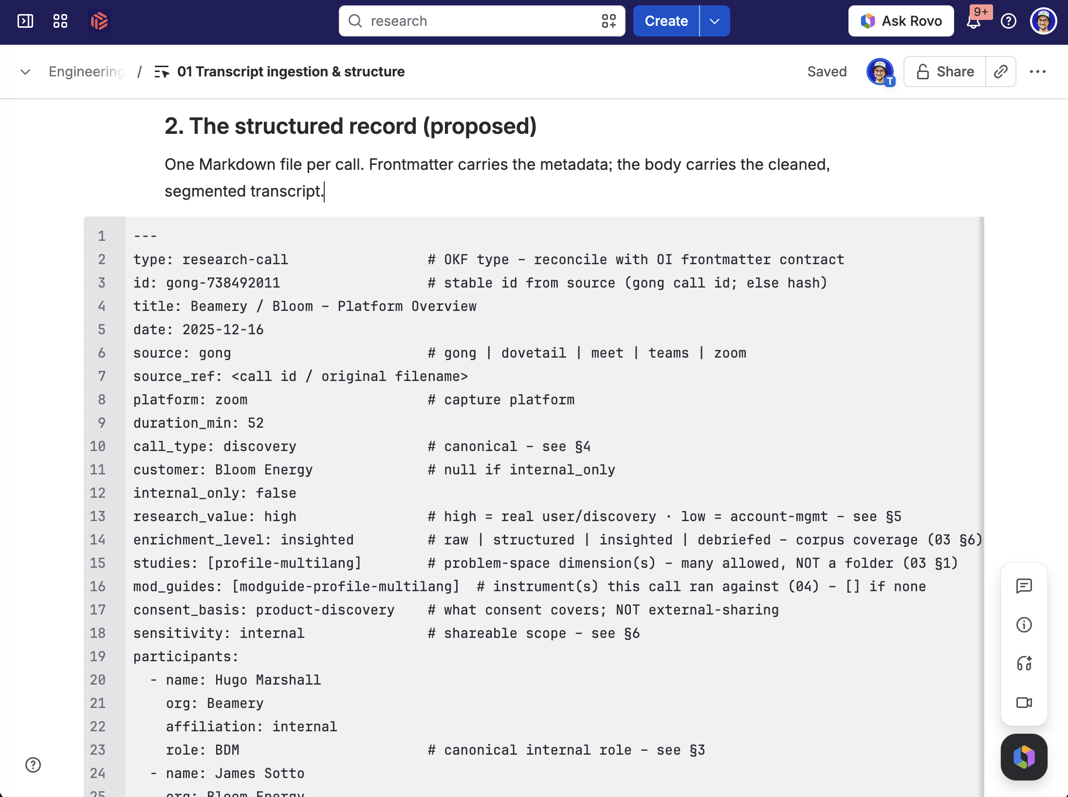 Confluence doc defining the structured YAML frontmatter format for research call transcripts, covering source, consent basis, and enrichment metadata