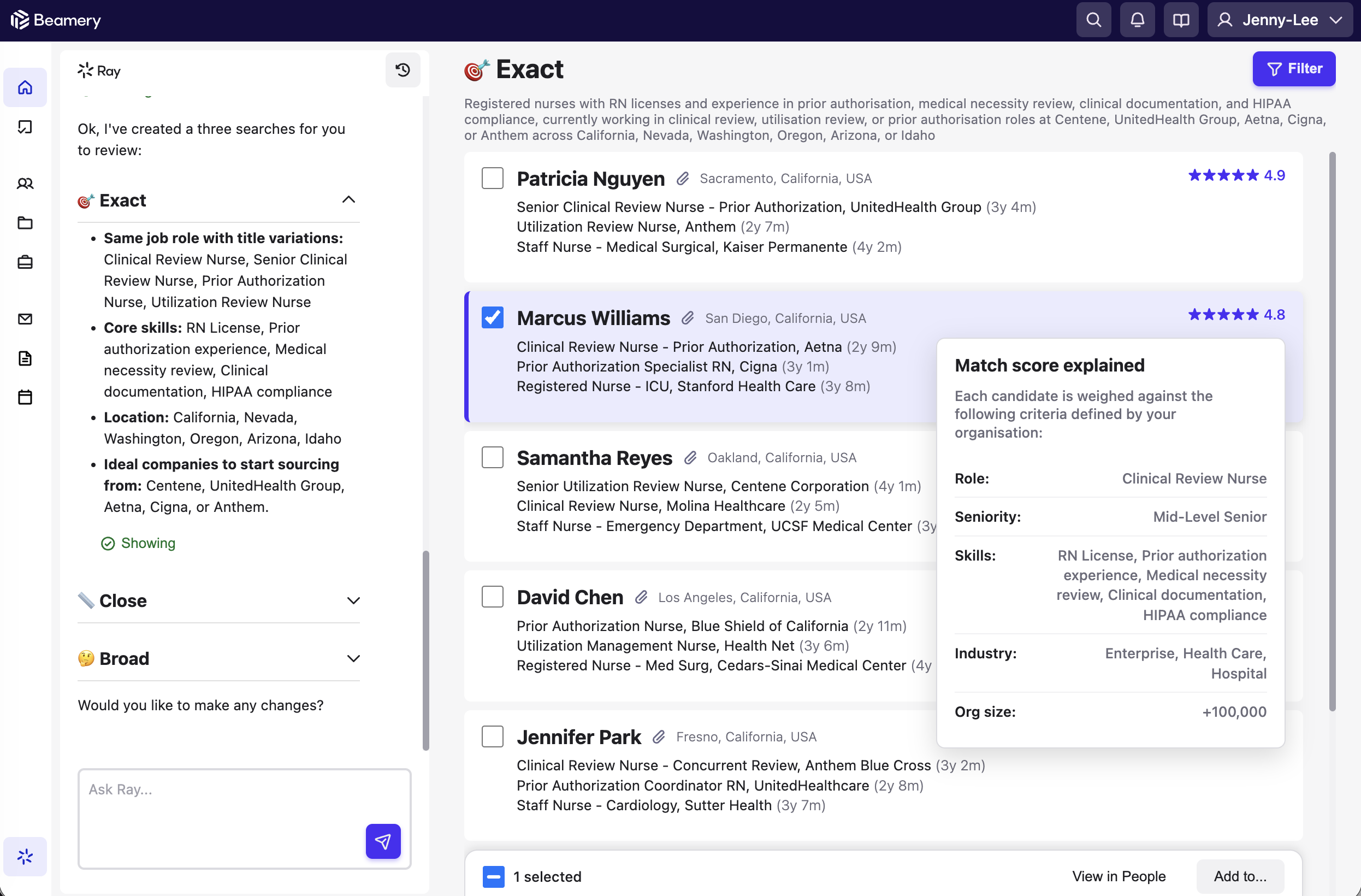 Ray agentic search results refined against a prior-authorisation nurse profile, with candidate match scores explained