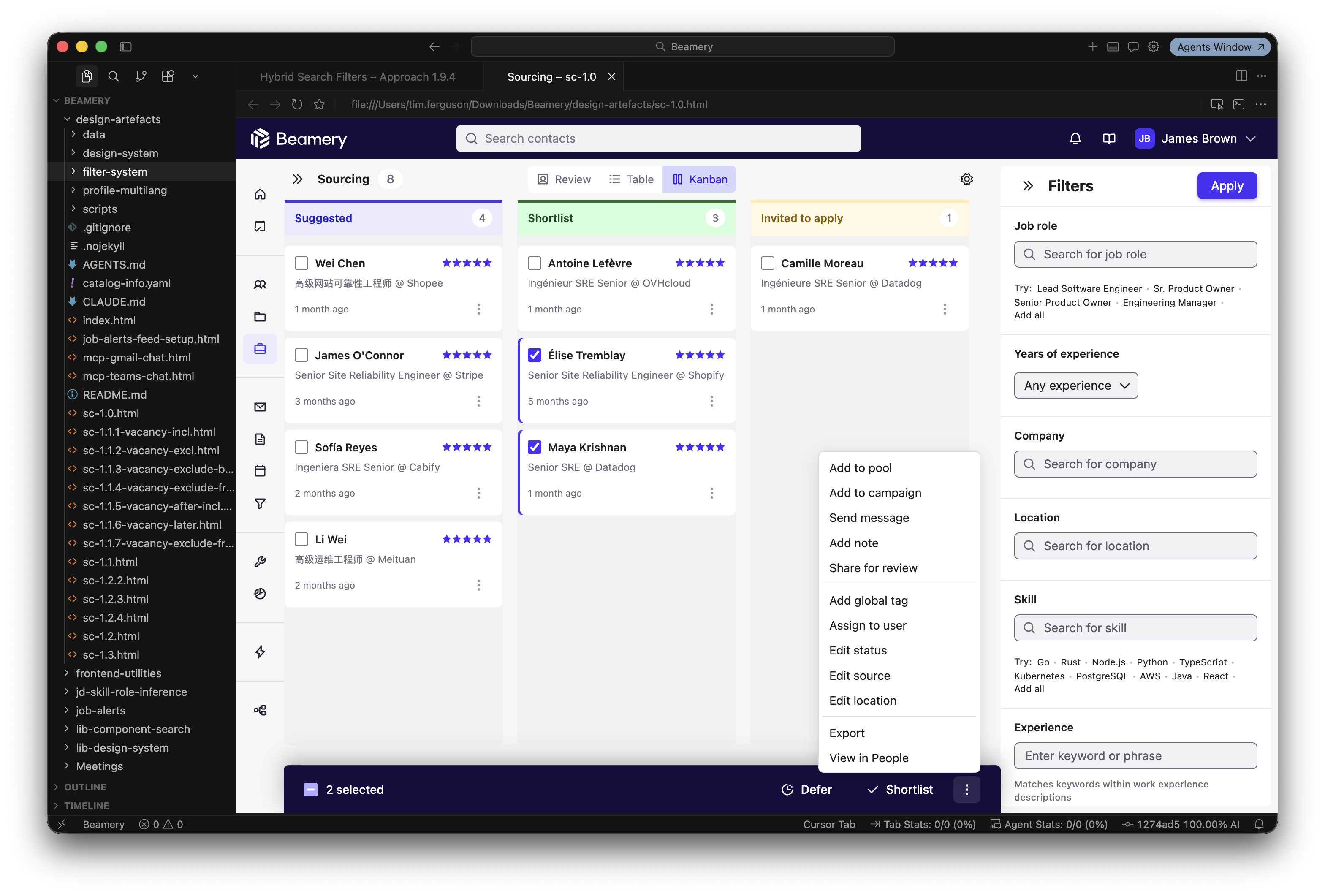 Cursor IDE showing the Beamery design-artefacts codebase next to a browser preview of the CRM's Kanban sourcing board with a candidate context menu open