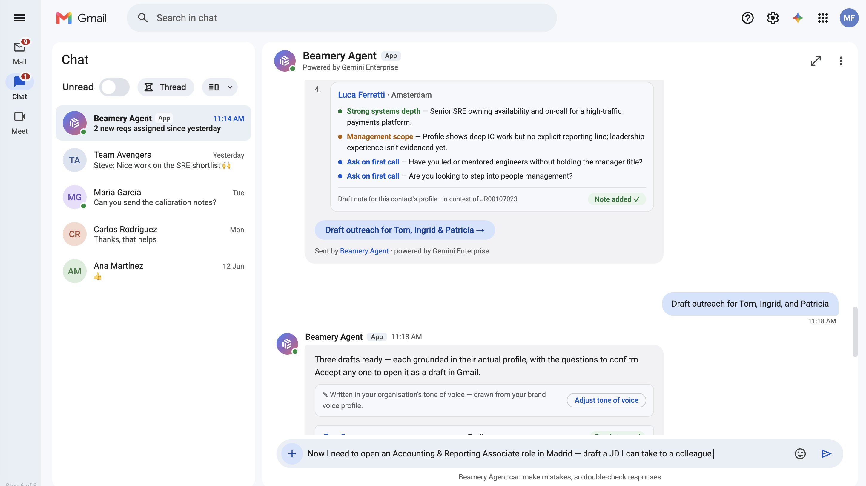 Beamery Agent in a Gmail Chat shell drafting evidence-grounded outreach for three shortlisted candidates, with a note added to a contact's profile and a follow-up request for a new JD