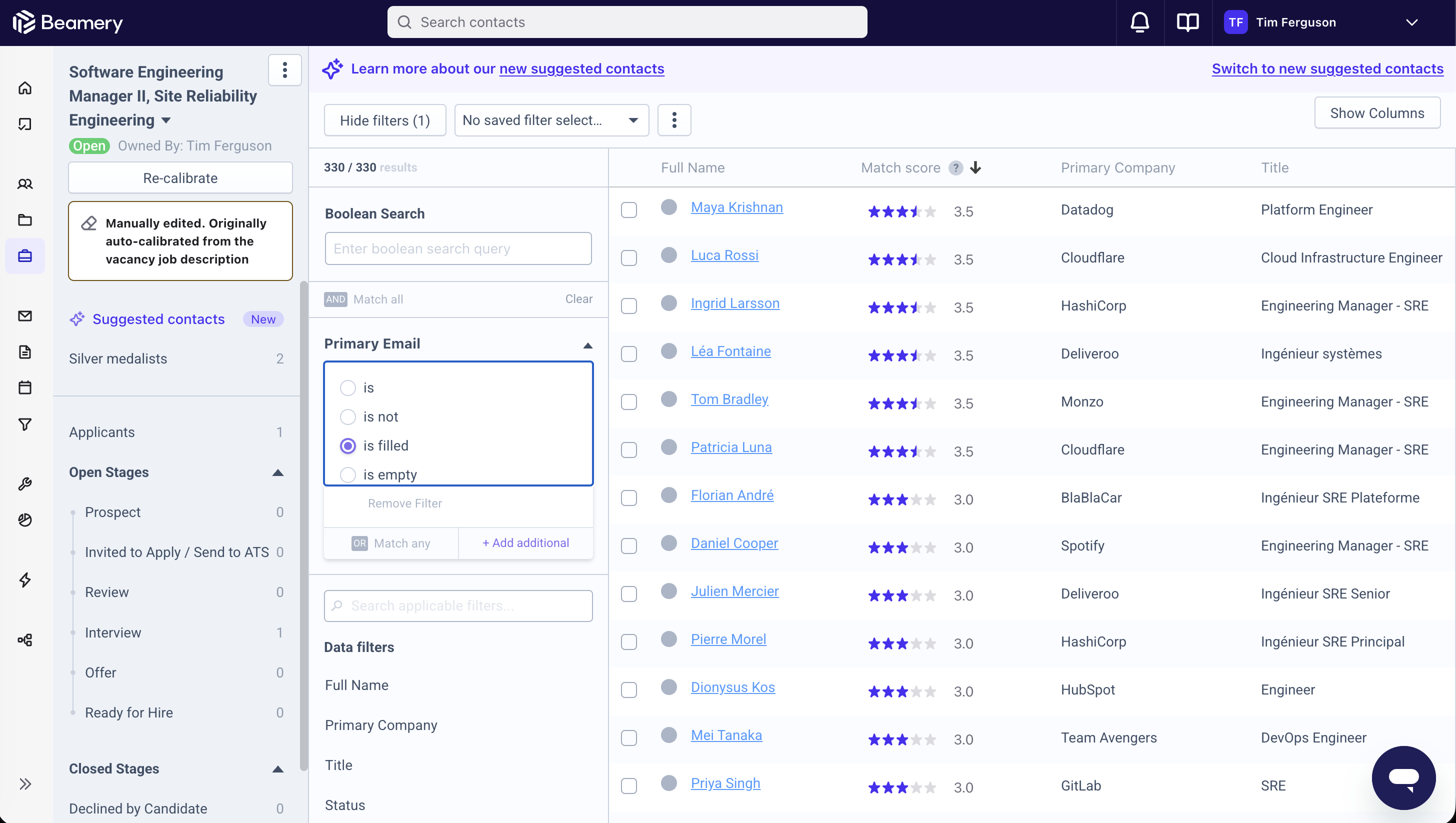 Beamery CRM contact list with a manually-edited boolean search and data filters, 330 of 330 results shown