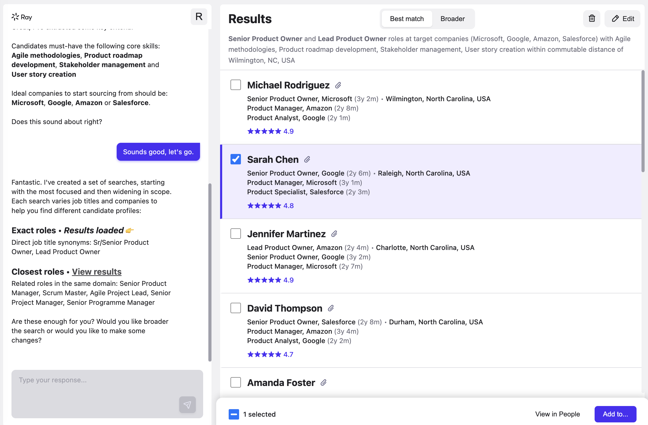 Ray agentic search prototype generating Exact, Close, and Broad candidate strategies, with a match-score breakdown panel