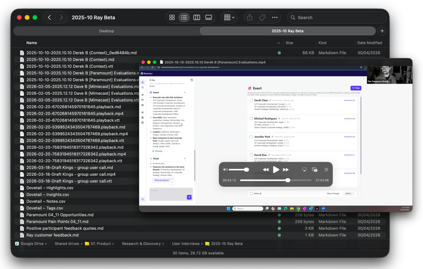 Folder of Dovetail-tagged interview recordings and notes for the research study, alongside a customer evaluation call reviewing the Ray prototype's Exact match results
